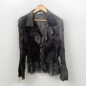 Y2K Ruffle Crinkle Chiffon Blouse Top Gray Watercolor Witchy Lagen Goth Fairy XL